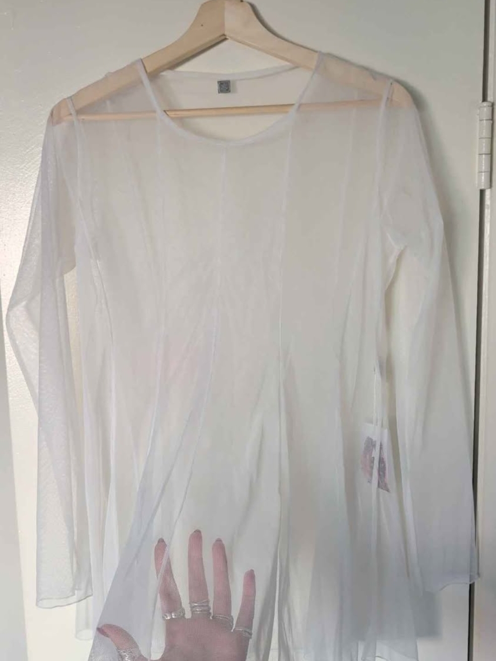 Women's White Sheer Long-Sleeve Mesh Top